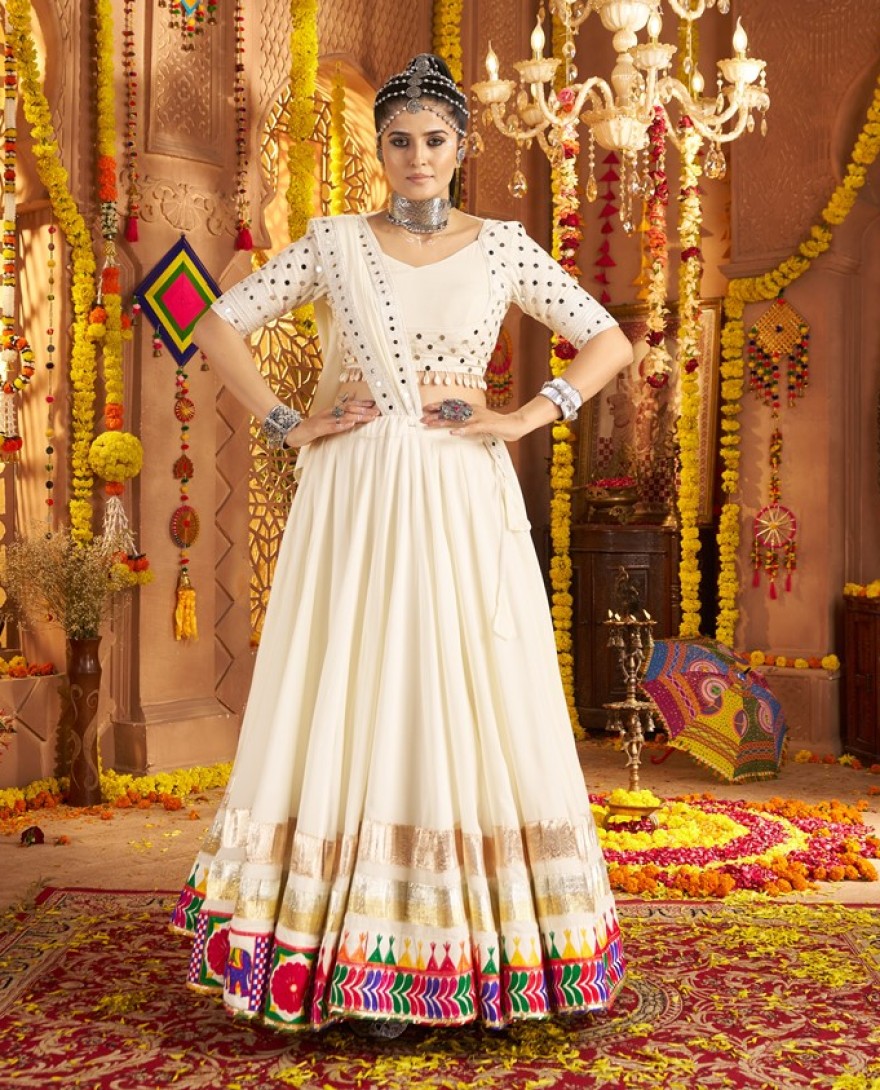 11003 - Sweet White Viscose Rayon Mirror Work Festival Wear Lehenga Choli